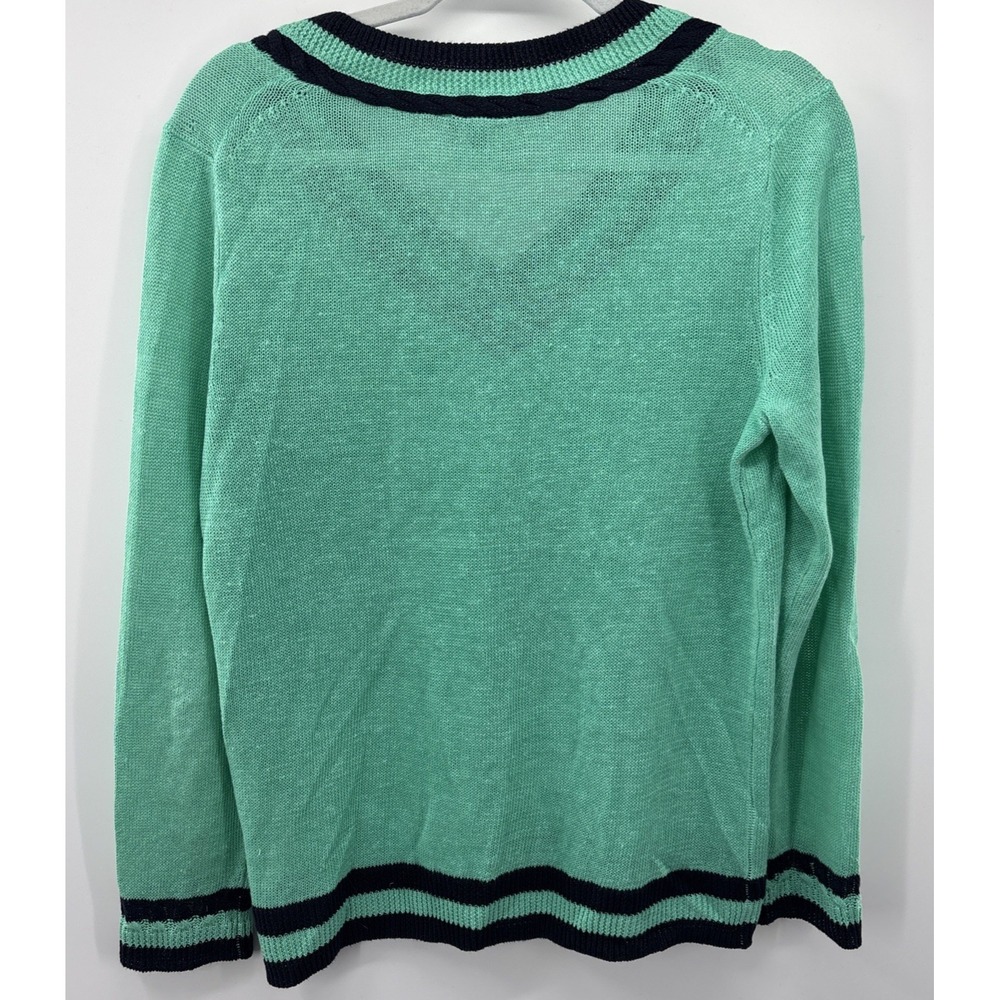 Talbots Sweater Womens M Green Black V Neck 100% Linen Knit Pullover Coastal - Picture 9 of 10